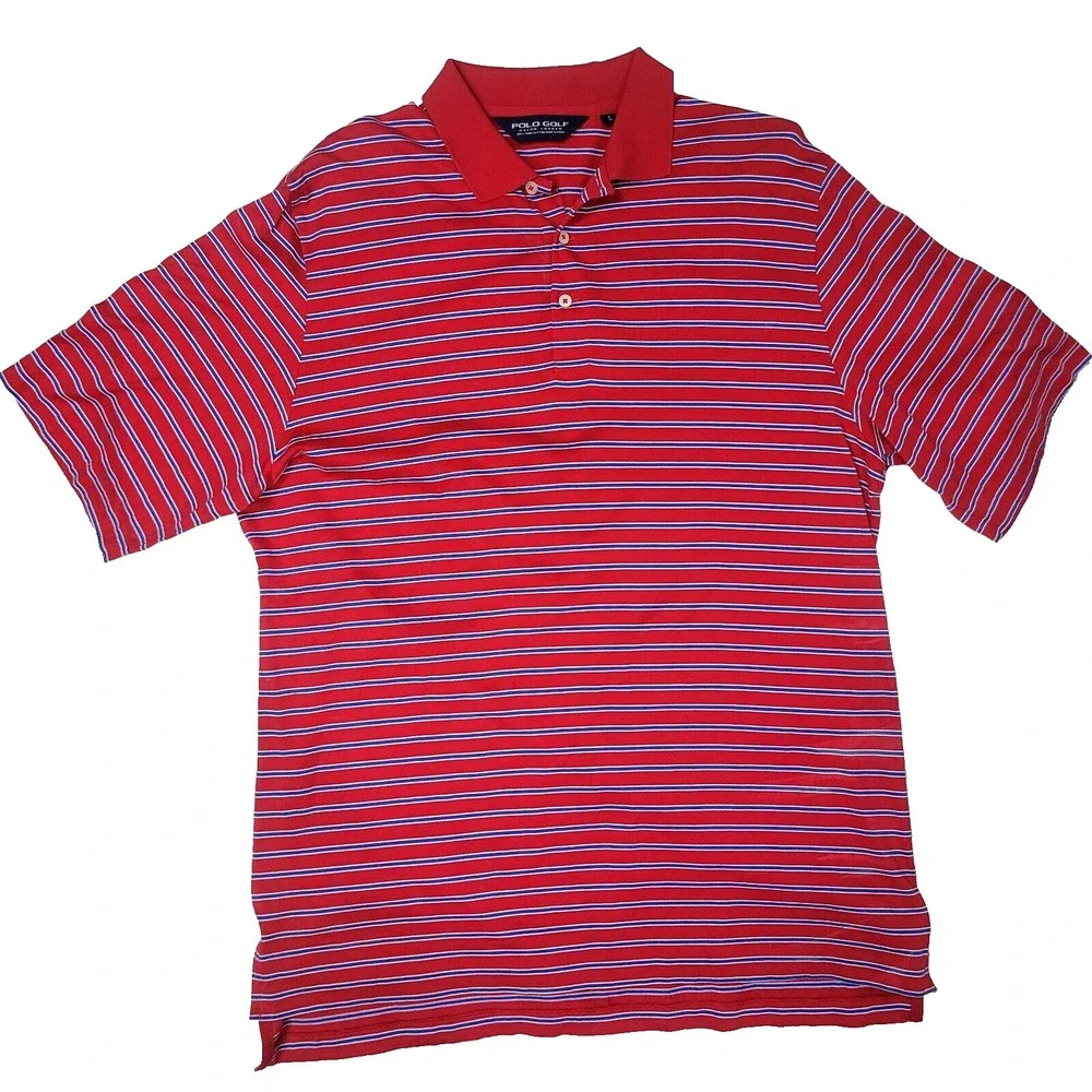 Polo Golf Ralph Lauren Size L Red Blue Striped 100% Pima‎ Cotton Stretch Knit